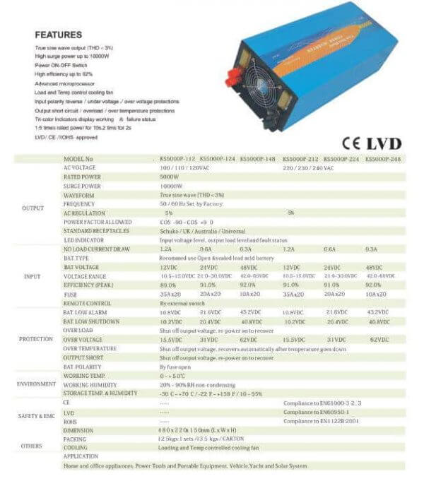 Zenot 12/240 Volt Pure Sine Wave Inverter Continuous 5000W Output Power - Image 2