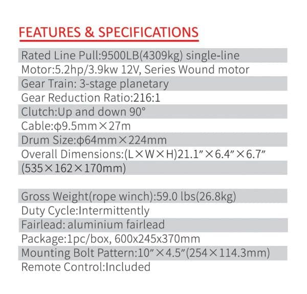ES Series 9500Lbs (4310Kg) 4WD Winch Dyneema Rope - Image 4