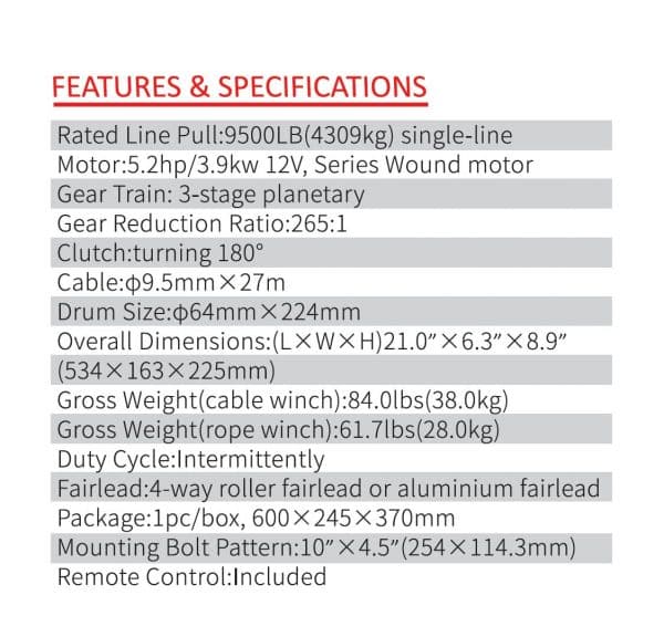 VT Series 9500Lbs (4310Kg) 4WD Winch Dyneema Rope - Image 2